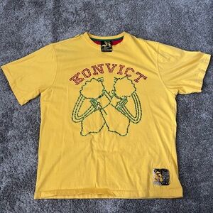 Vintage Y2K Yellow Akon Konvict Apparel Graphic T Shirt Size L  Beaded Accents